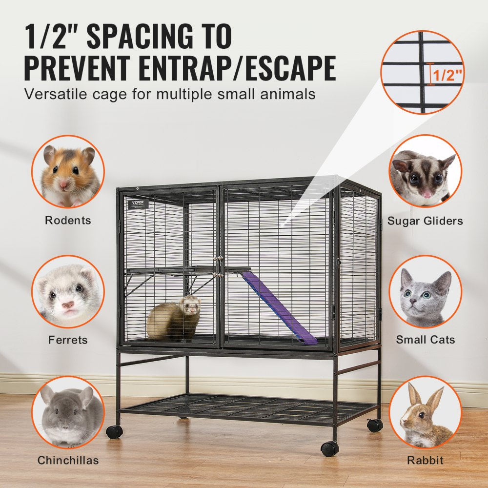 Black 2-tier rolling ferret cage with removable platforms and lockable wheels for easy mobility.