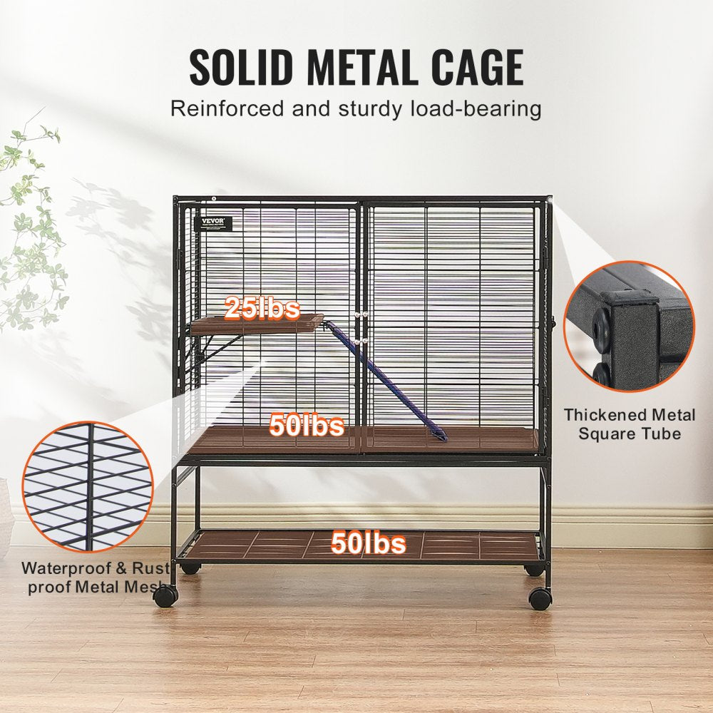 Black 2-tier rolling ferret cage with removable platforms and lockable wheels for easy mobility.