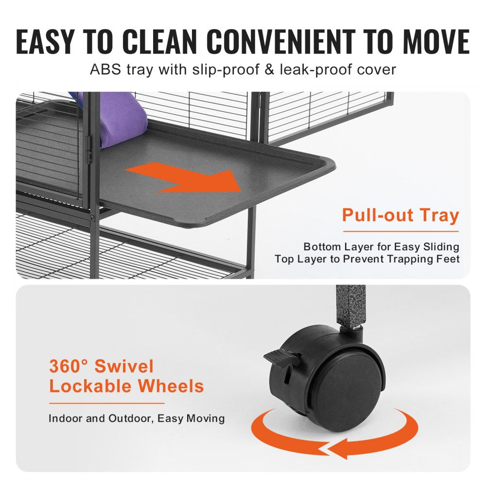 Black 2-tier rolling ferret cage with removable platforms and lockable wheels for easy mobility.