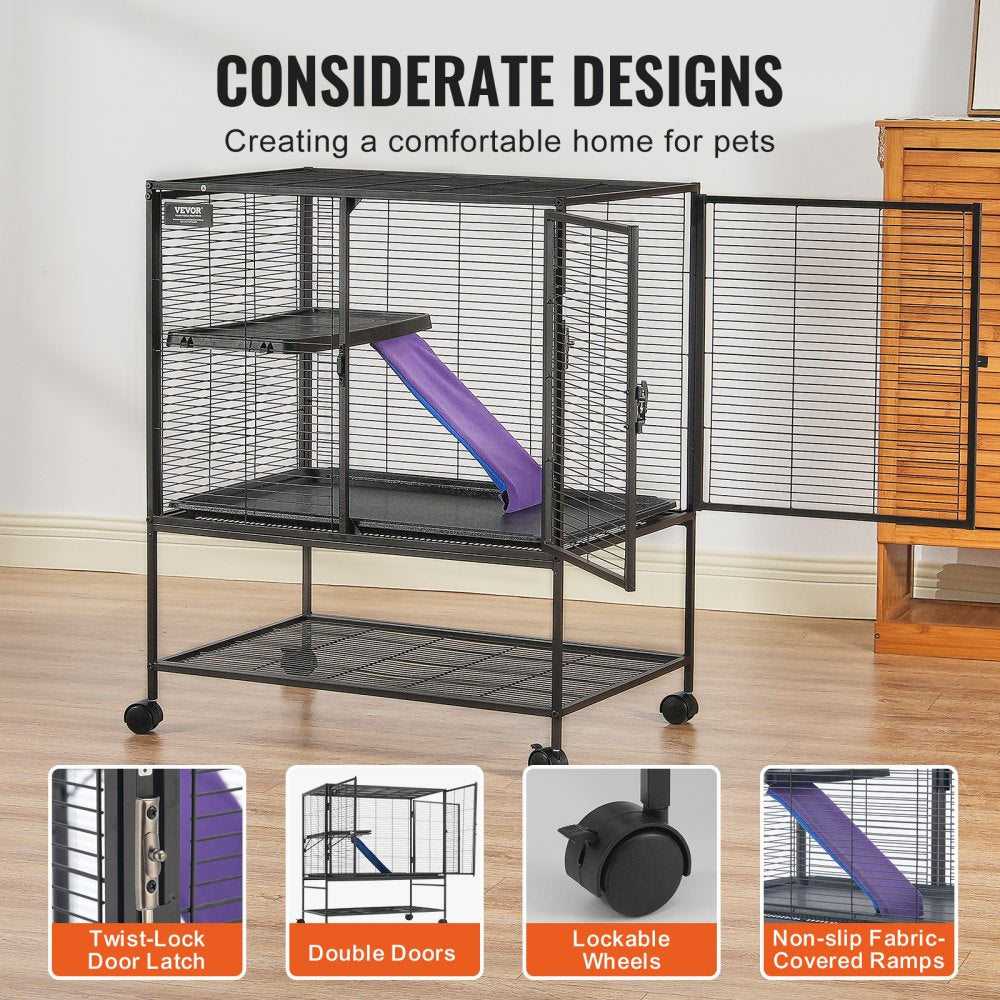 Black 2-tier rolling ferret cage with removable platforms and lockable wheels for easy mobility.