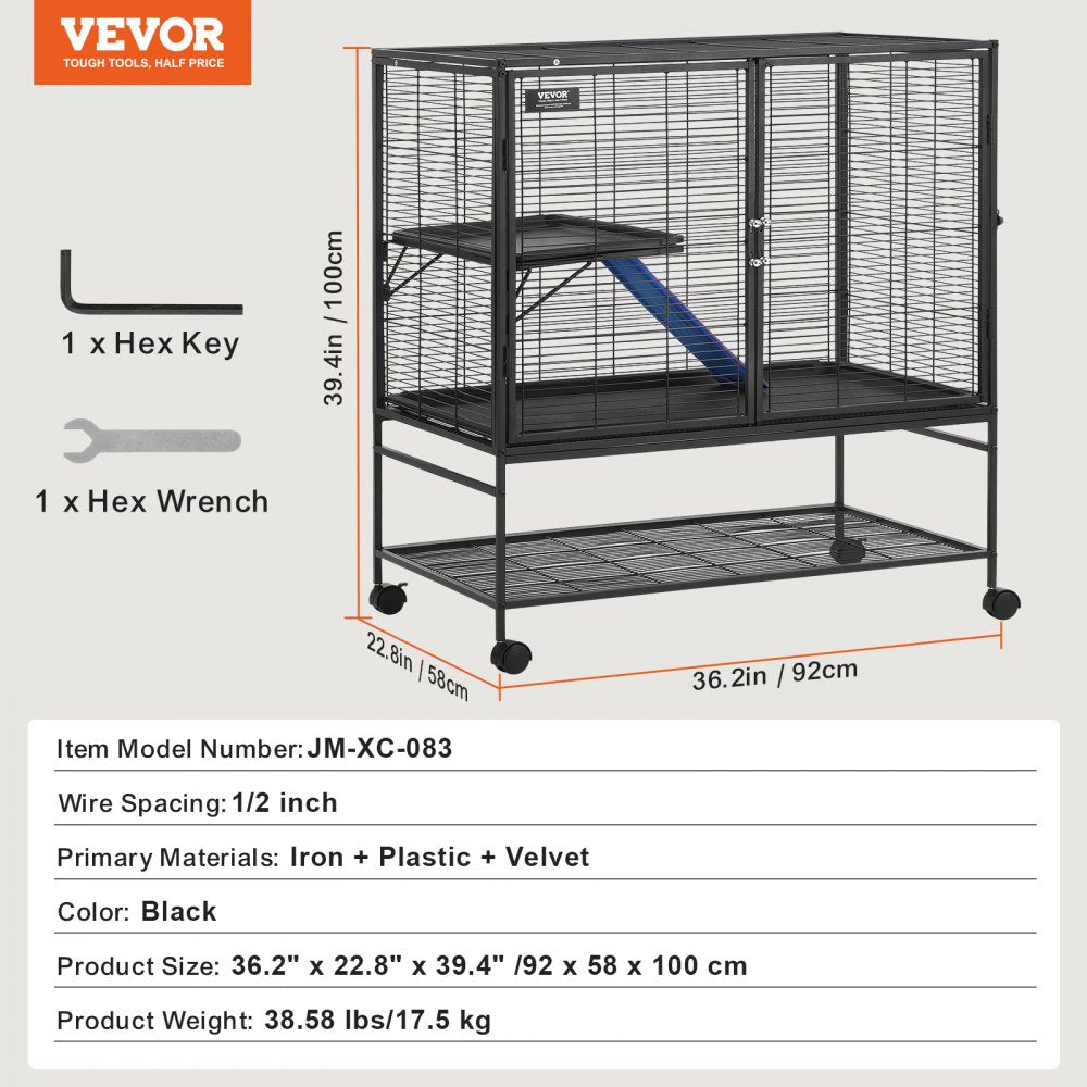 Black 2-tier rolling ferret cage with removable platforms and lockable wheels for easy mobility.