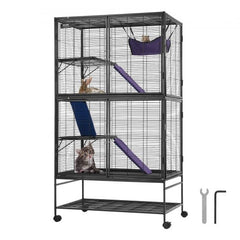 Four-tier metal ferret cage with narrow mesh, ramps, hammock, and removable trays.