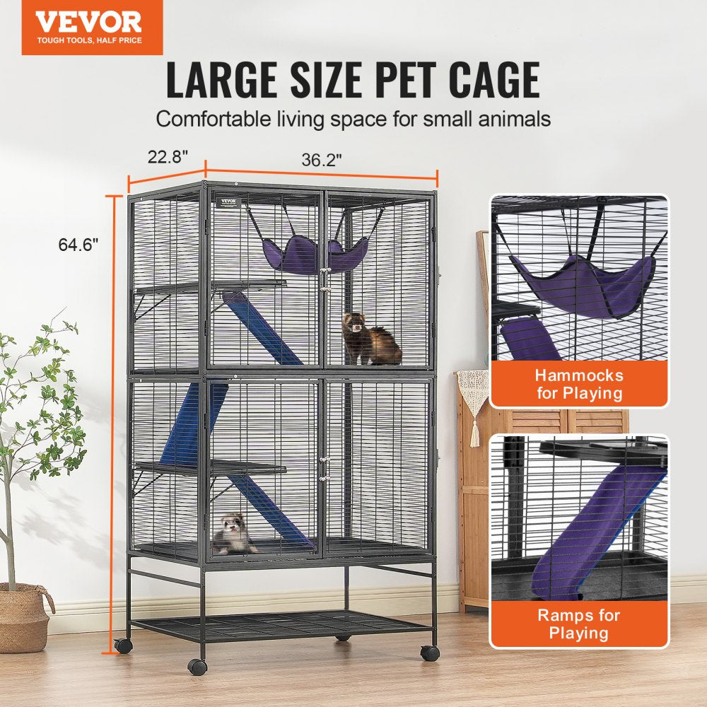 Four-tier metal ferret cage with narrow mesh, ramps, hammock, and lockable wheels.