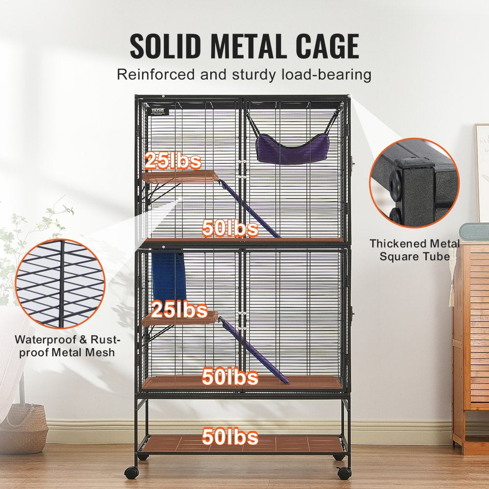 Four-tier metal ferret cage with narrow mesh, slip-proof ramps, and removable trays.