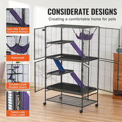 Four-tier metal ferret cage with narrow mesh, ramps, hammock, and removable trays.