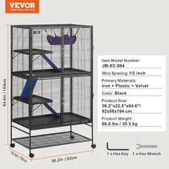 Metal 4-tier rolling ferret cage with narrow mesh, ramps, and removable trays for easy cleaning.