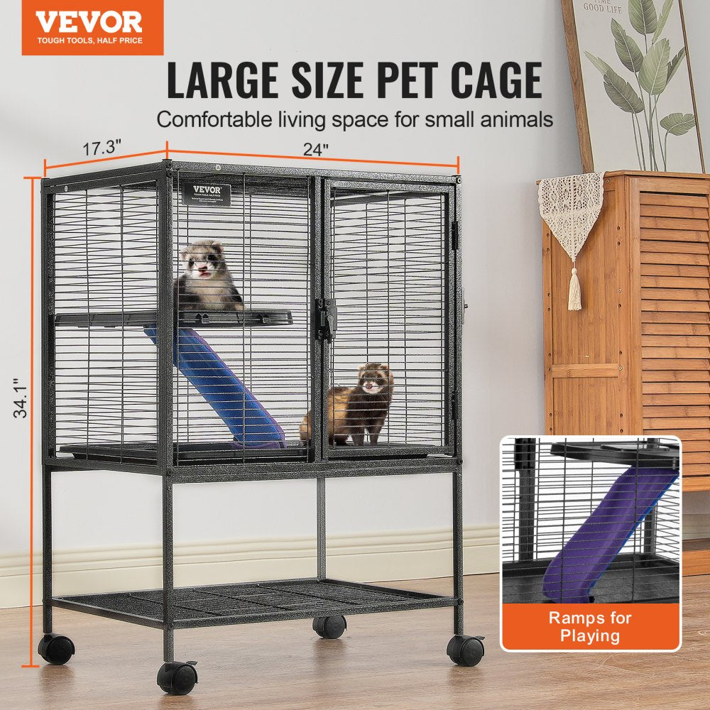 Bostome 34" 2-tier rolling ferret cage with a fabric-covered ramp and removable pull-out tray.
