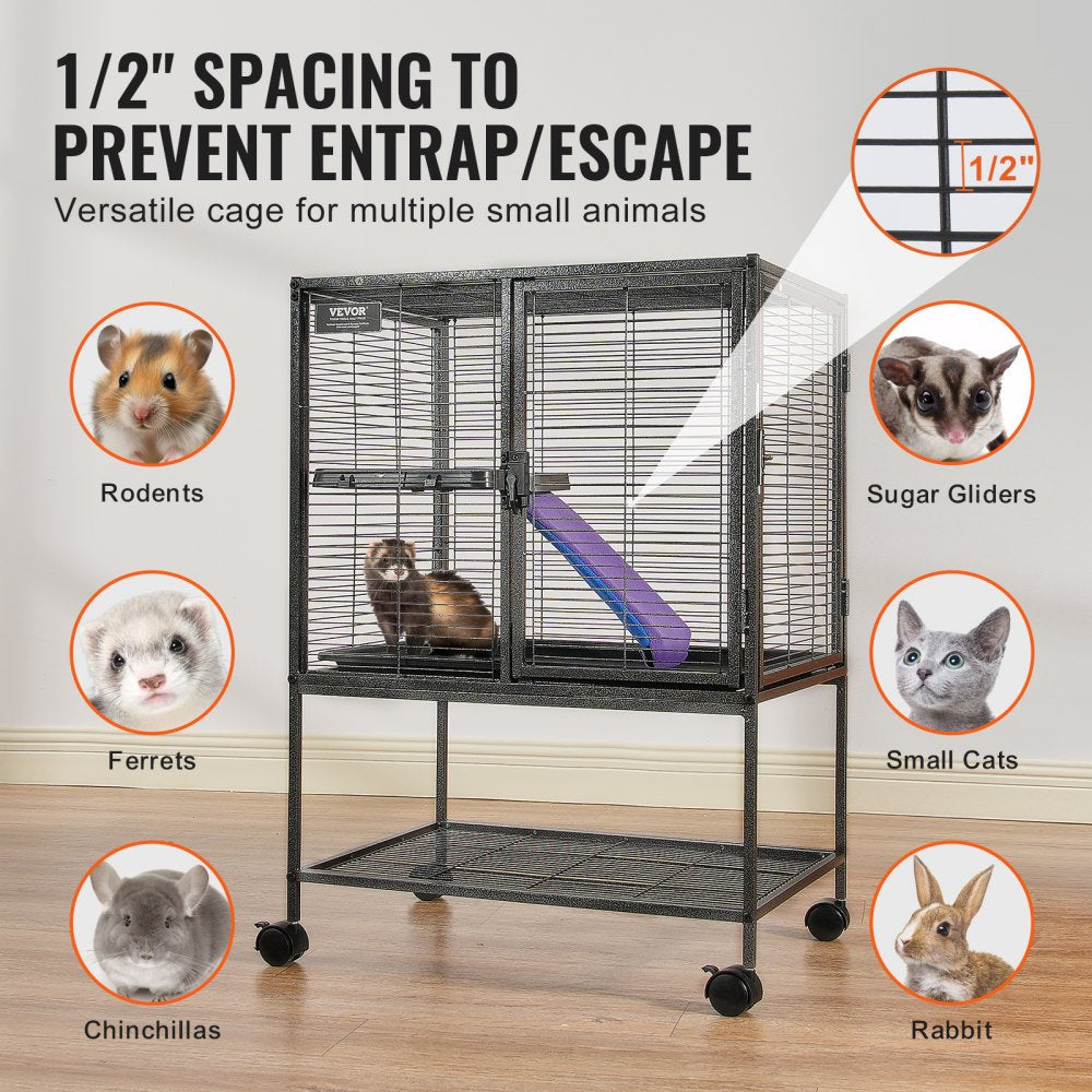 Bostome 34" 2-Tier Rolling Ferret Cage with a fabric ramp and removable pull-out tray.