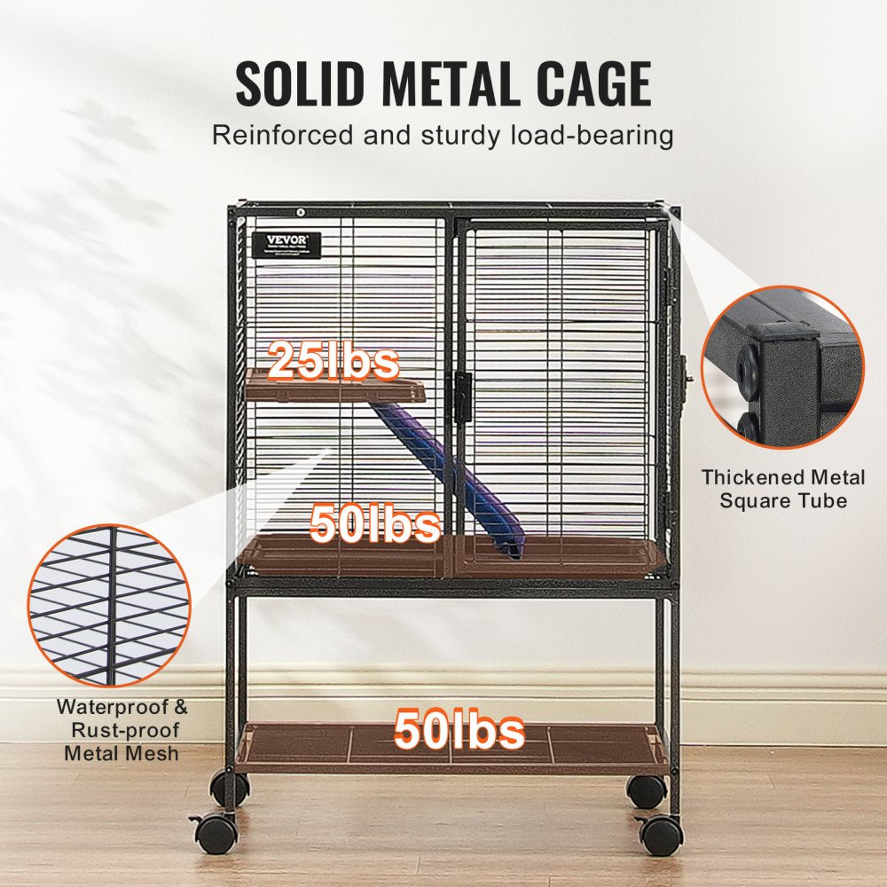 Bostome 34" 2-Tier Rolling Ferret Cage with a fabric-covered ramp and removable pull-out tray.
