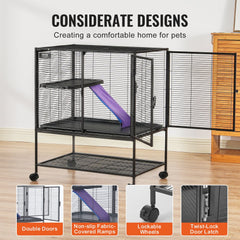 Bostome 34" 2-Tier Rolling Ferret Cage with a fabric-covered ramp and removable pull-out tray.