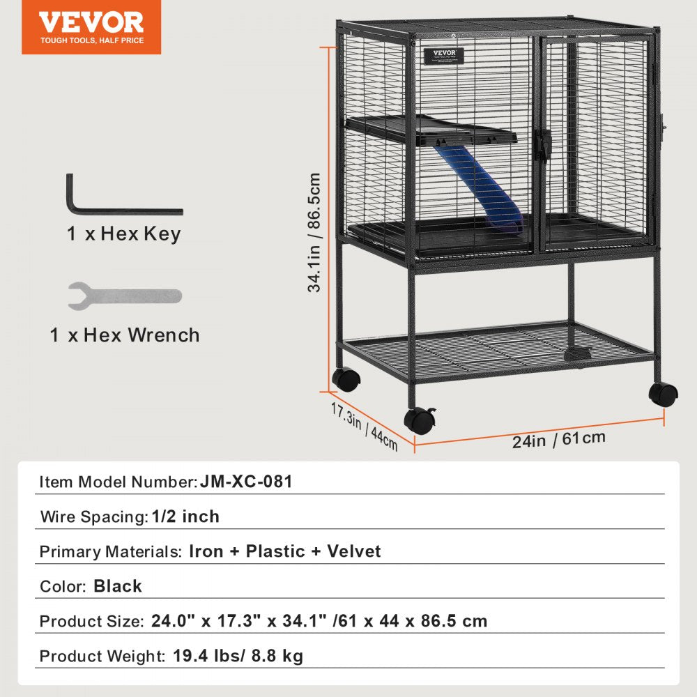 Two-tier rolling ferret cage with a fabric-covered ramp and removable tray for easy cleaning.