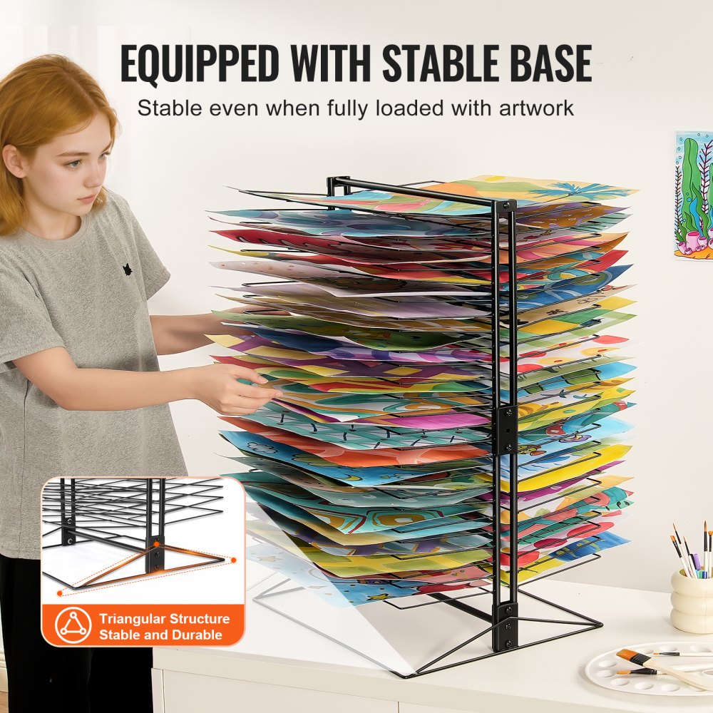 Art drying rack with 50 removable shelves for efficient drying in classrooms and studios.