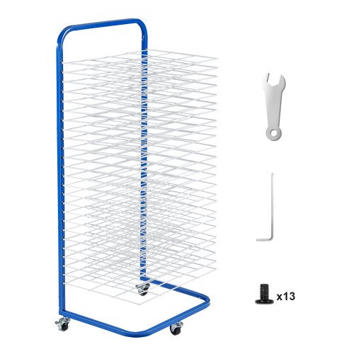 Mobile blue art drying rack with 25 adjustable shelves and swivel casters for easy movement.