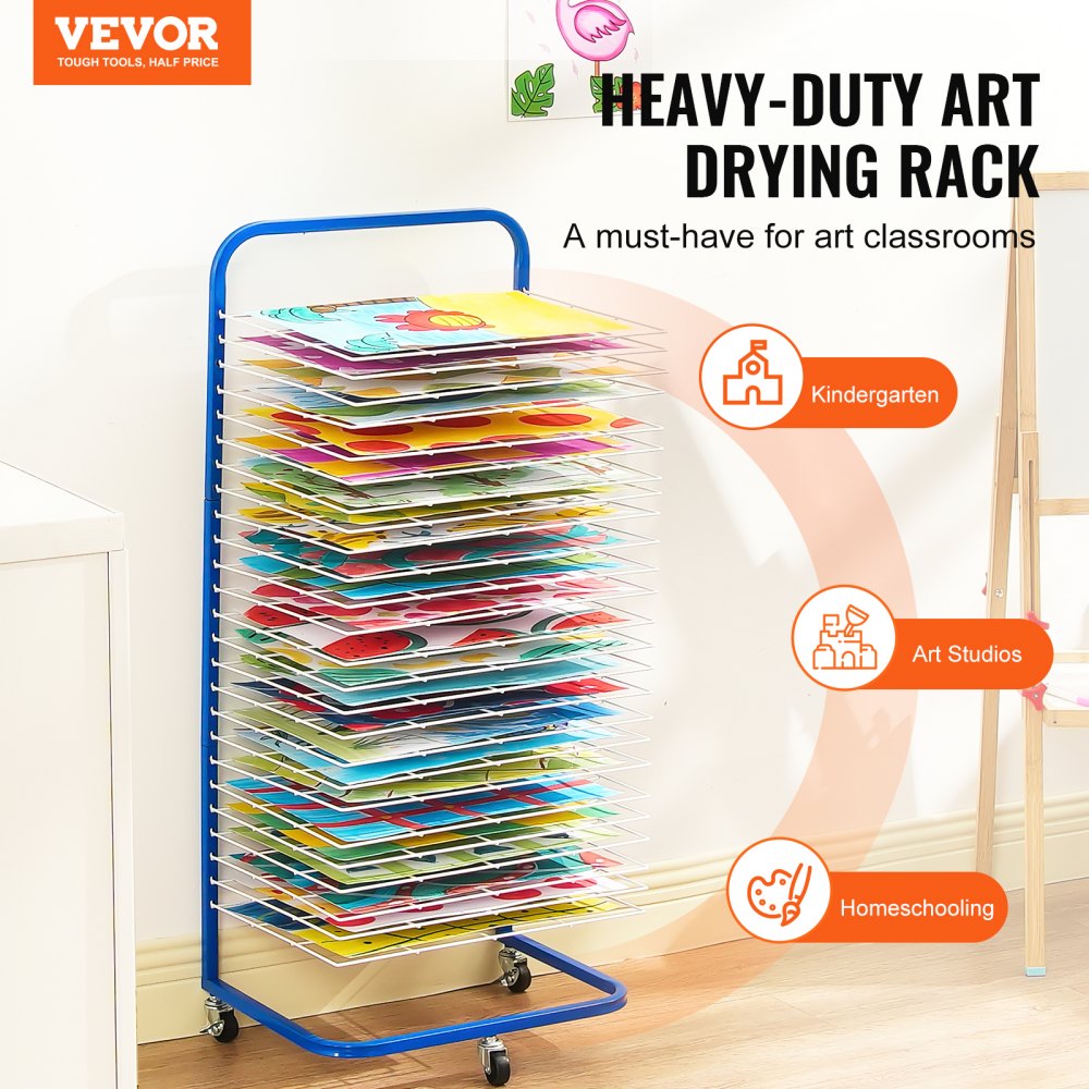 Mobile blue art drying rack with 25 adjustable shelves and swivel casters for easy movement.