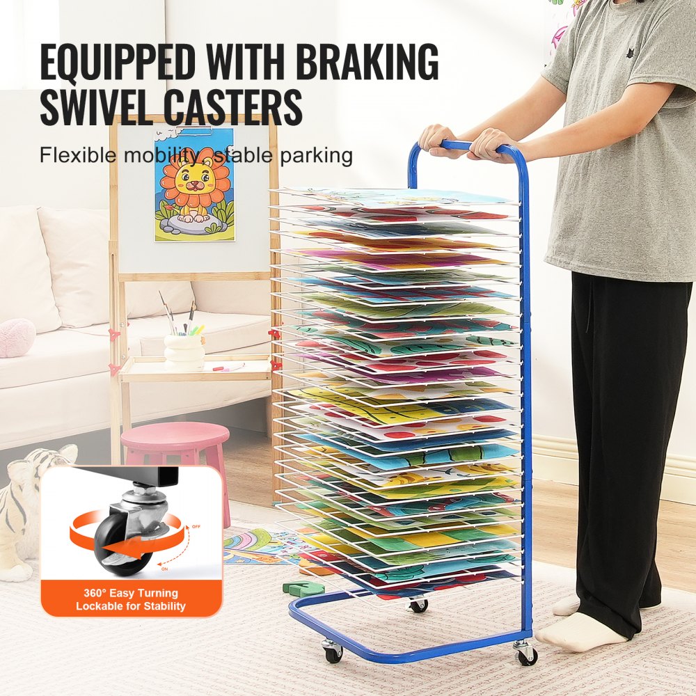 Mobile blue art drying rack with 25 adjustable shelves and swivel casters for easy movement.