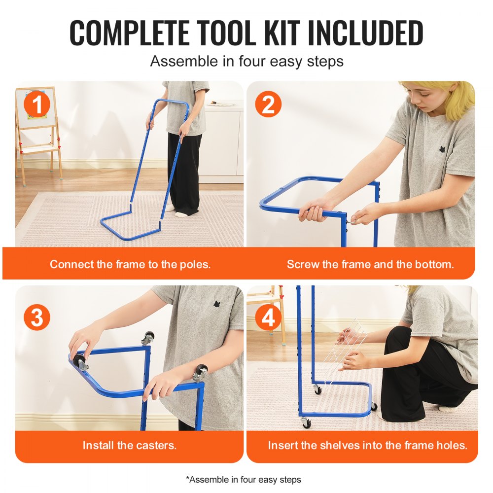 Mobile blue art drying rack with 25 adjustable shelves and swivel casters for easy movement.