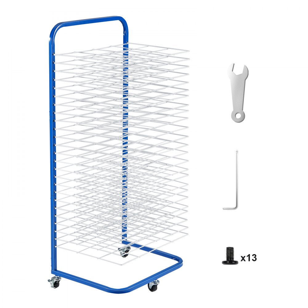 Mobile blue art drying rack with 25 adjustable shelves and swivel casters for easy movement.