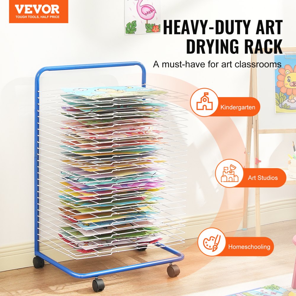 Blue art drying rack with 25 removable shelves and four wheels for easy mobility.