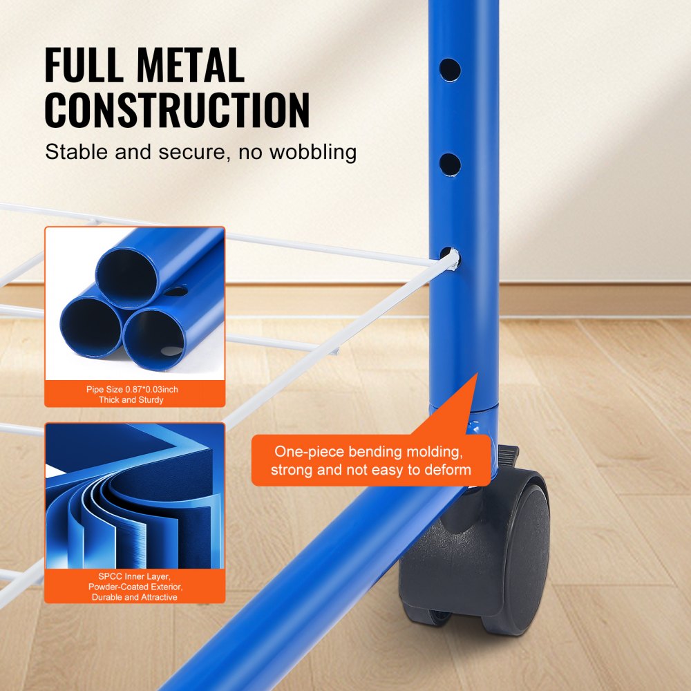 Blue art drying rack with 25 removable shelves and four wheels for easy mobility.