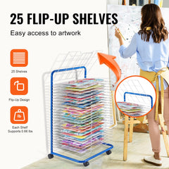 Blue Bostome art drying rack with 25 removable shelves and four wheels for easy mobility.