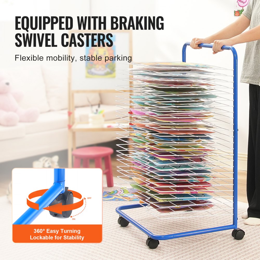Blue art drying rack with 25 removable shelves and four wheels for easy mobility.