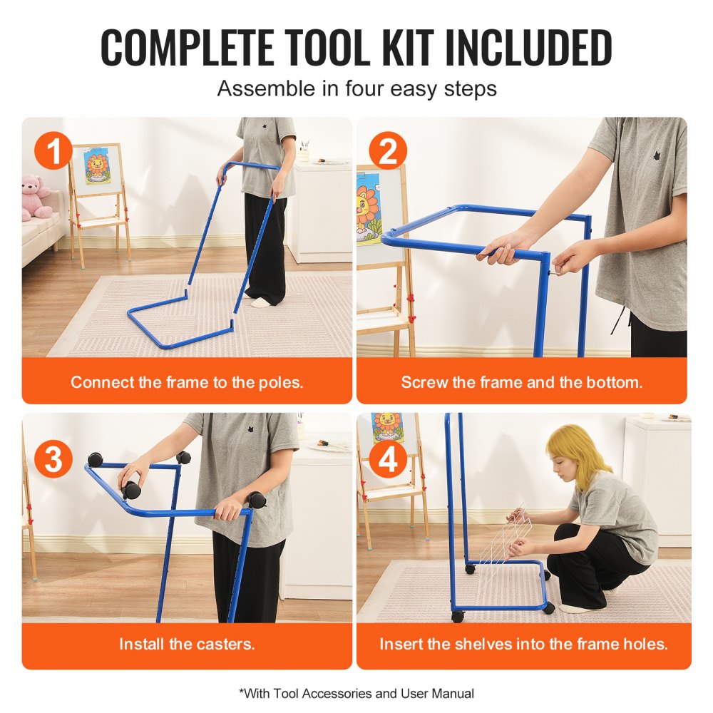 Blue art drying rack with 25 removable shelves and four wheels for easy mobility.