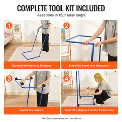 Blue art drying rack with 25 removable shelves and four wheels for easy mobility.