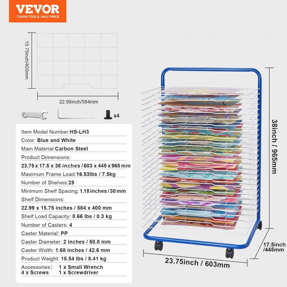 Blue art drying rack with 25 removable shelves and four wheels for easy mobility.