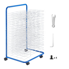 Bostome Art Drying Rack with 25 removable blue shelves and four wheels for easy mobility.