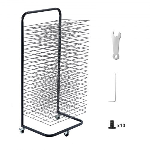 Black art drying rack on wheels with 25 removable shelves for efficient organization.