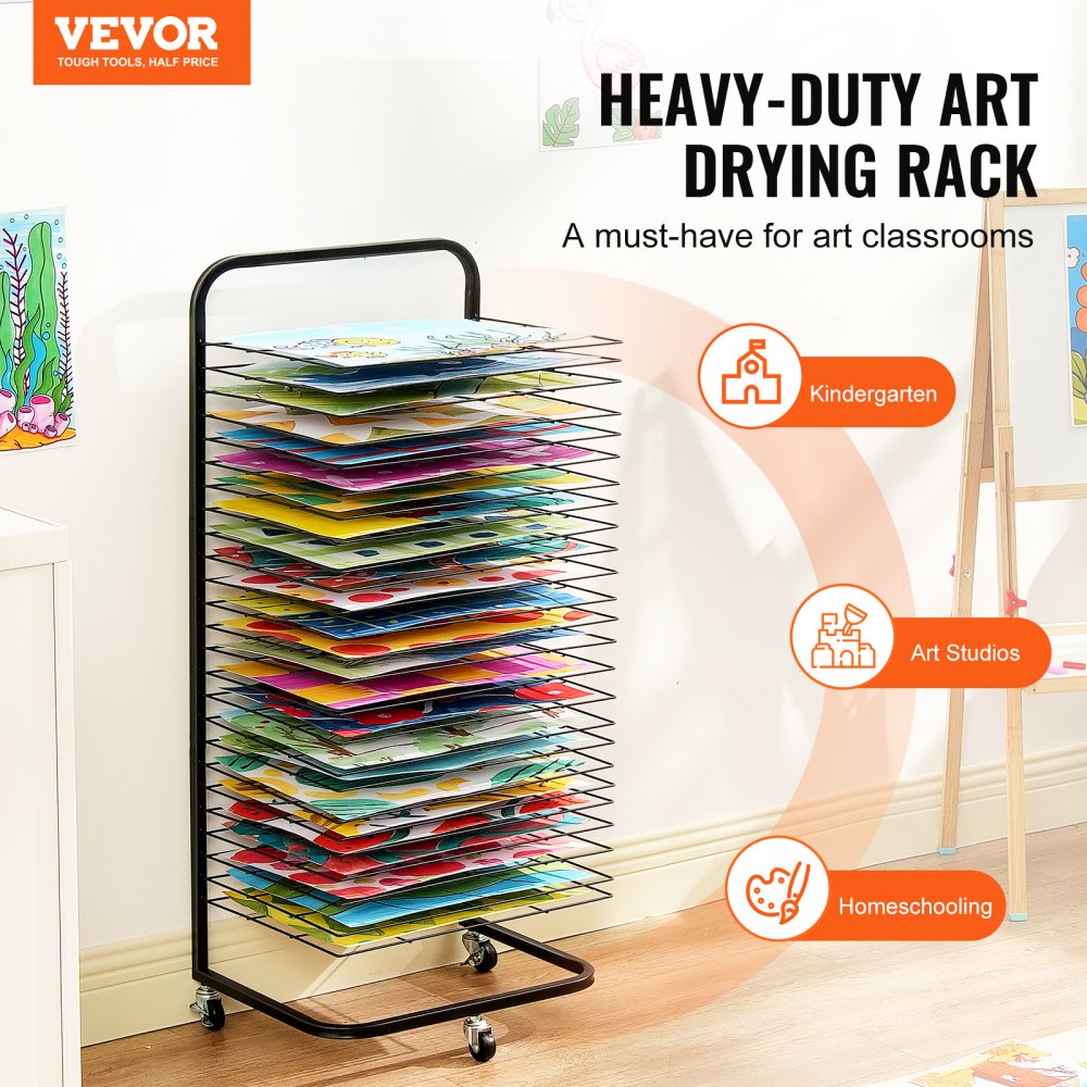 Black art drying rack on wheels with 25 removable shelves for efficient organization.