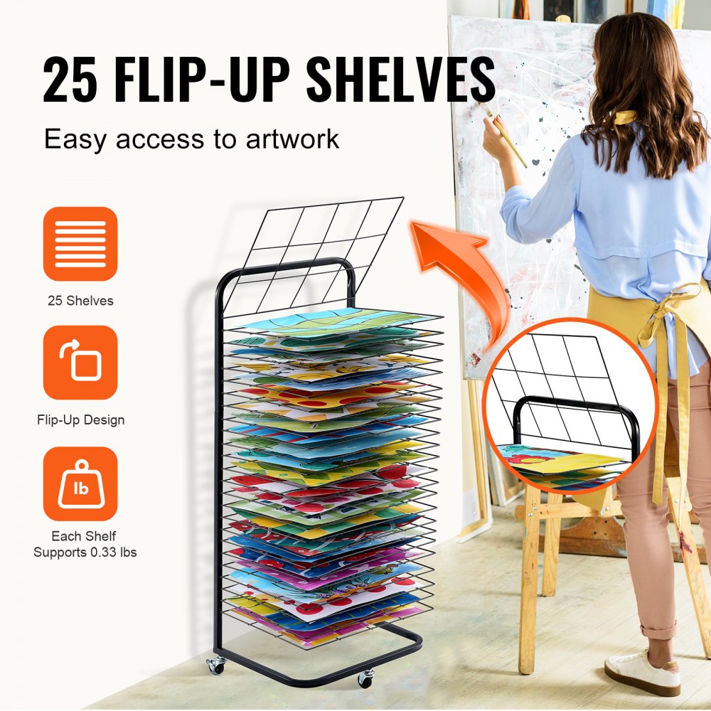 Black art drying rack with 25 removable shelves and wheels for easy mobility and organization.