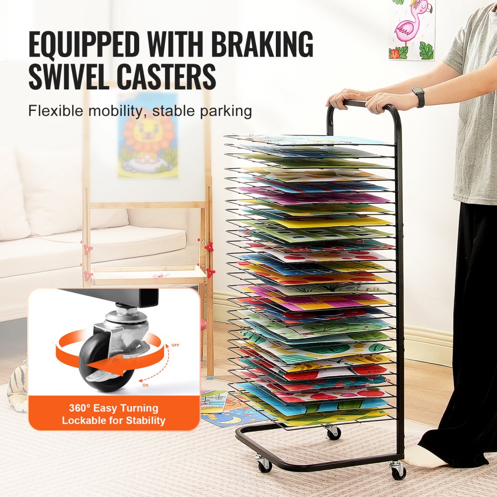 Black art drying rack on wheels with 25 removable shelves for efficient organization.