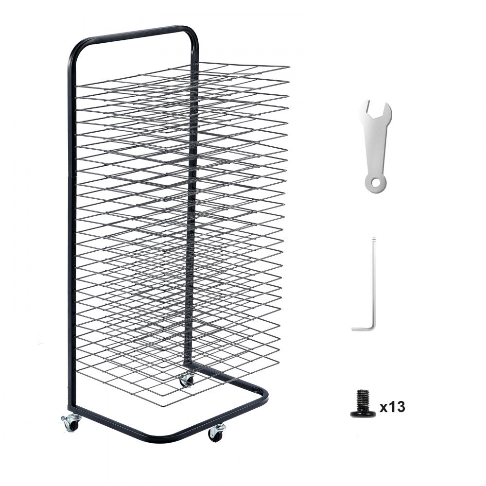Black art drying rack on wheels with 25 removable shelves for efficient organization.