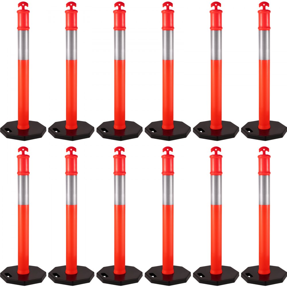 12Pack Traffic Delineator Posts 44 Inch Height, Channelizer Cones Post Kit 10 inch Reflective Band, Delineators Post with Rubber Base 16 inch for Construction Sites, Facility Management etc.