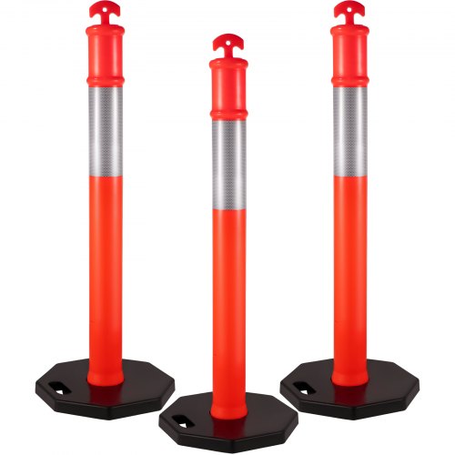 Three 44-inch orange PE traffic delineator posts with reflective collars and black rubber bases.