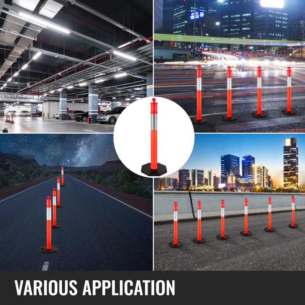 4Pack Traffic Delineator Posts 44 Inch Height, PE Delineator Post Kit 10 inch Reflective Band, Orange Delineator Cones with Rubber Base 16 inch for Construction Sites, Facility Management etc.