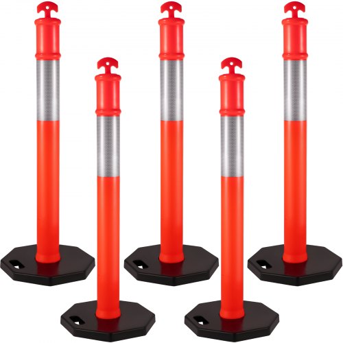 5Pack Delineator Posts 44 Inch Height, Orange PE Delineator Post Kit 10 inch Reflective Band, Traffic Delineator Posts with Rubber Base 16 inch for Construction Sites, Facility Management etc.