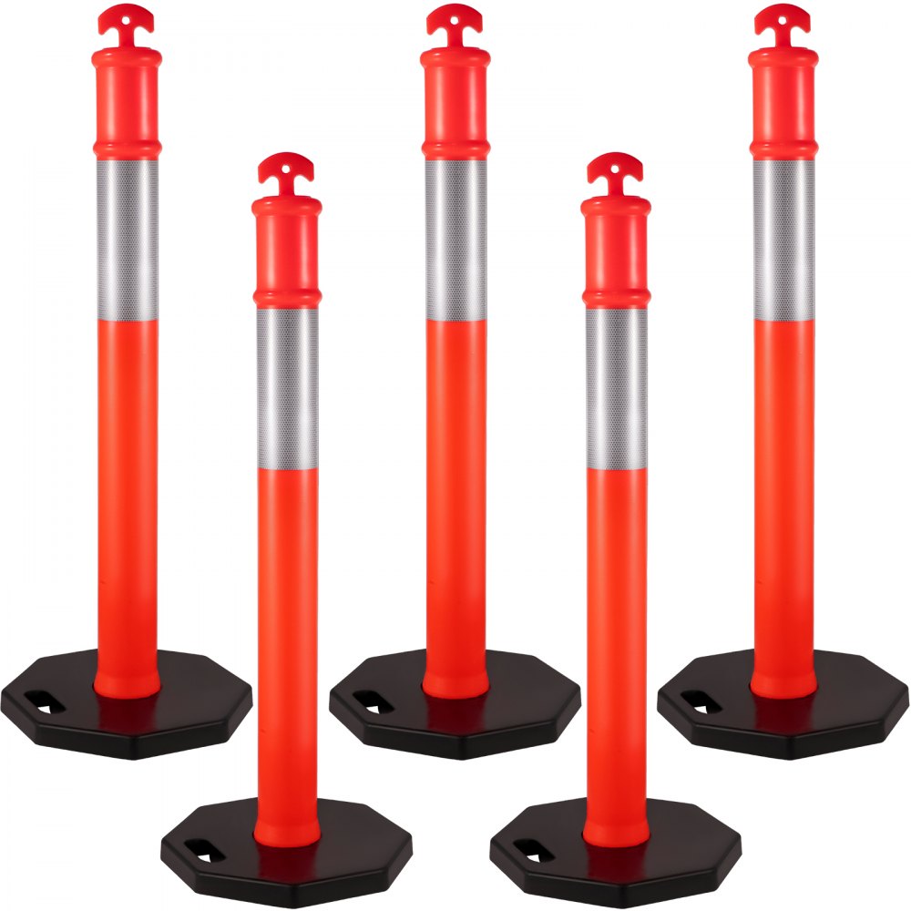 5Pack Delineator Posts 44 Inch Height, Orange PE Delineator Post Kit 10 inch Reflective Band, Traffic Delineator Posts with Rubber Base 16 inch for Construction Sites, Facility Management etc.