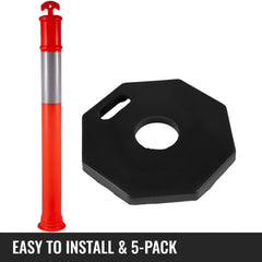 5Pack Delineator Posts 44 Inch Height, Orange PE Delineator Post Kit 10 inch Reflective Band, Traffic Delineator Posts with Rubber Base 16 inch for Construction Sites, Facility Management etc.