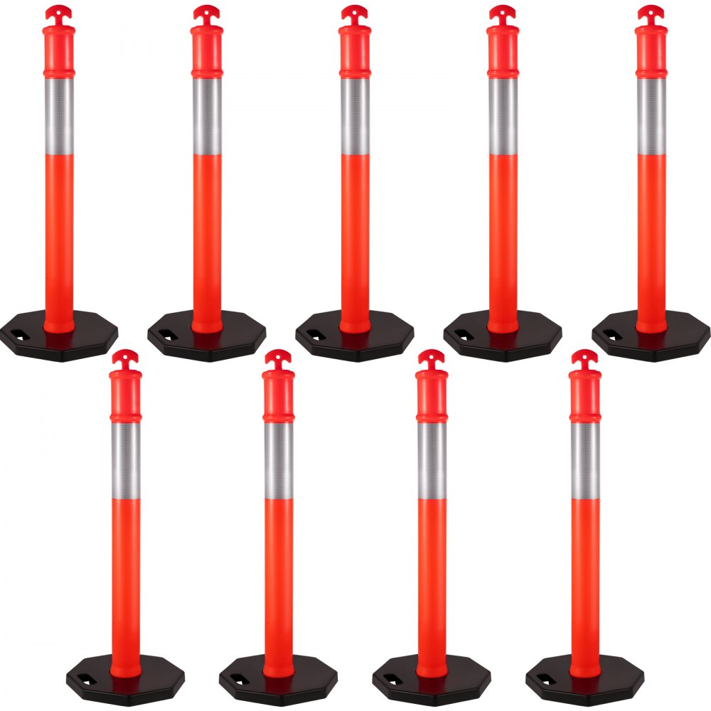 Nine orange 44-inch traffic delineator posts with reflective bands and weighted bases.