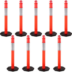 Nine orange 44-inch traffic delineator posts with reflective bands and weighted bases.