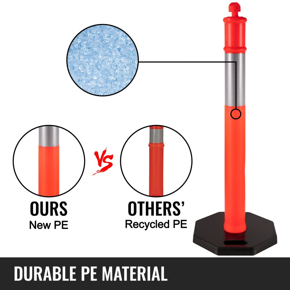 Nine 44-inch orange polyethylene traffic delineator posts with reflective bands and rubber bases.