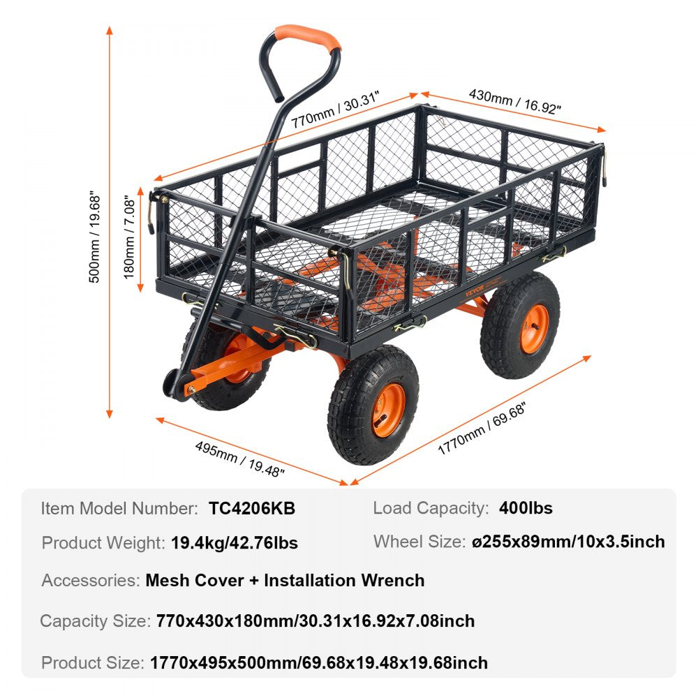 Dump Cart, Metal Garden Dump Cart with Easy to Assemble Frame, Dump Wagon with 2-in-1 Convertible Handle, Utility Wheelbarrow 400 lbs Capacity, 10 inch Tires