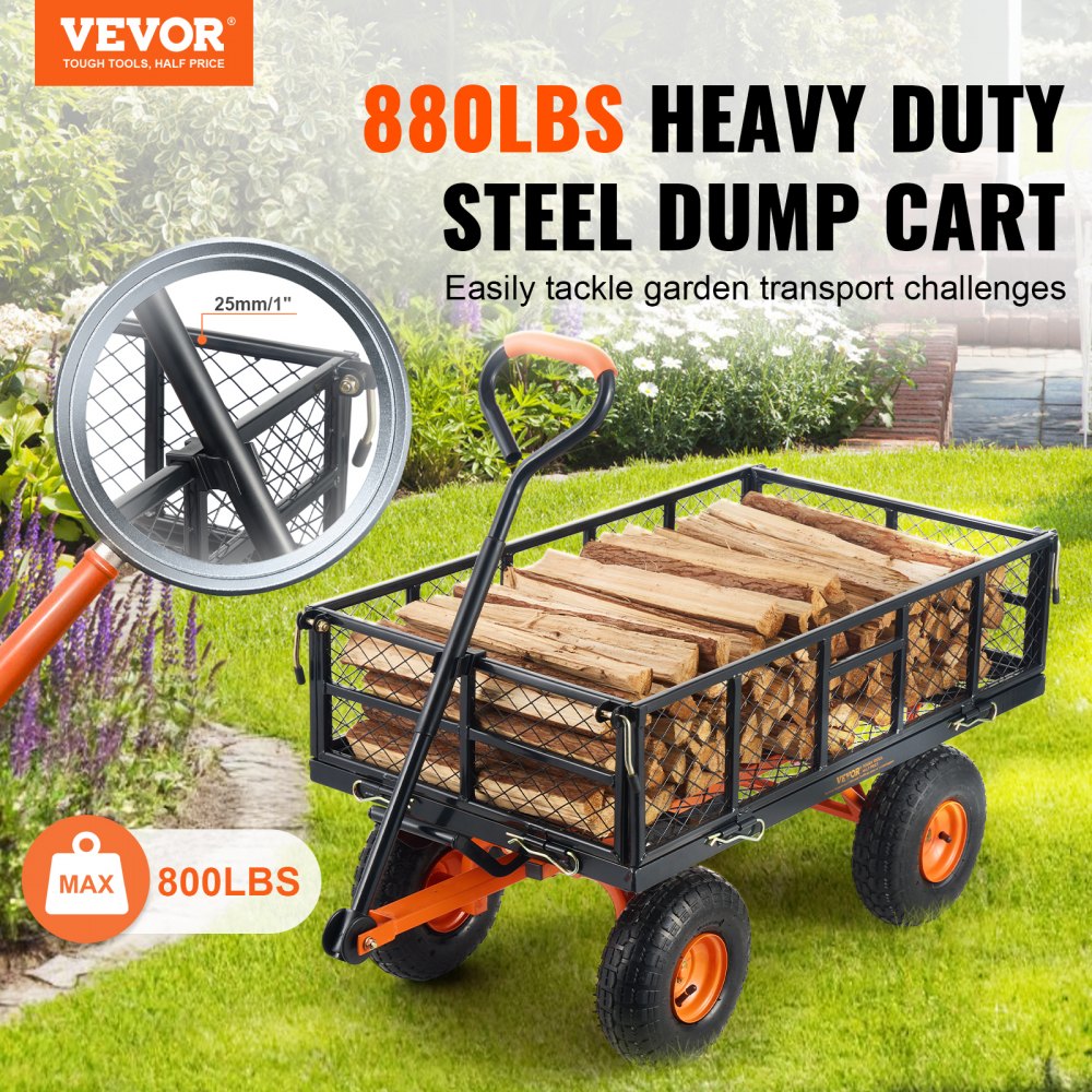 Dump Cart, Metal Garden Dump Cart with Easy to Assemble Frame, Dump Wagon with 2-in-1 Convertible Handle, Utility Wheelbarrow 880 lbs Capacity, 10 inch Tires
