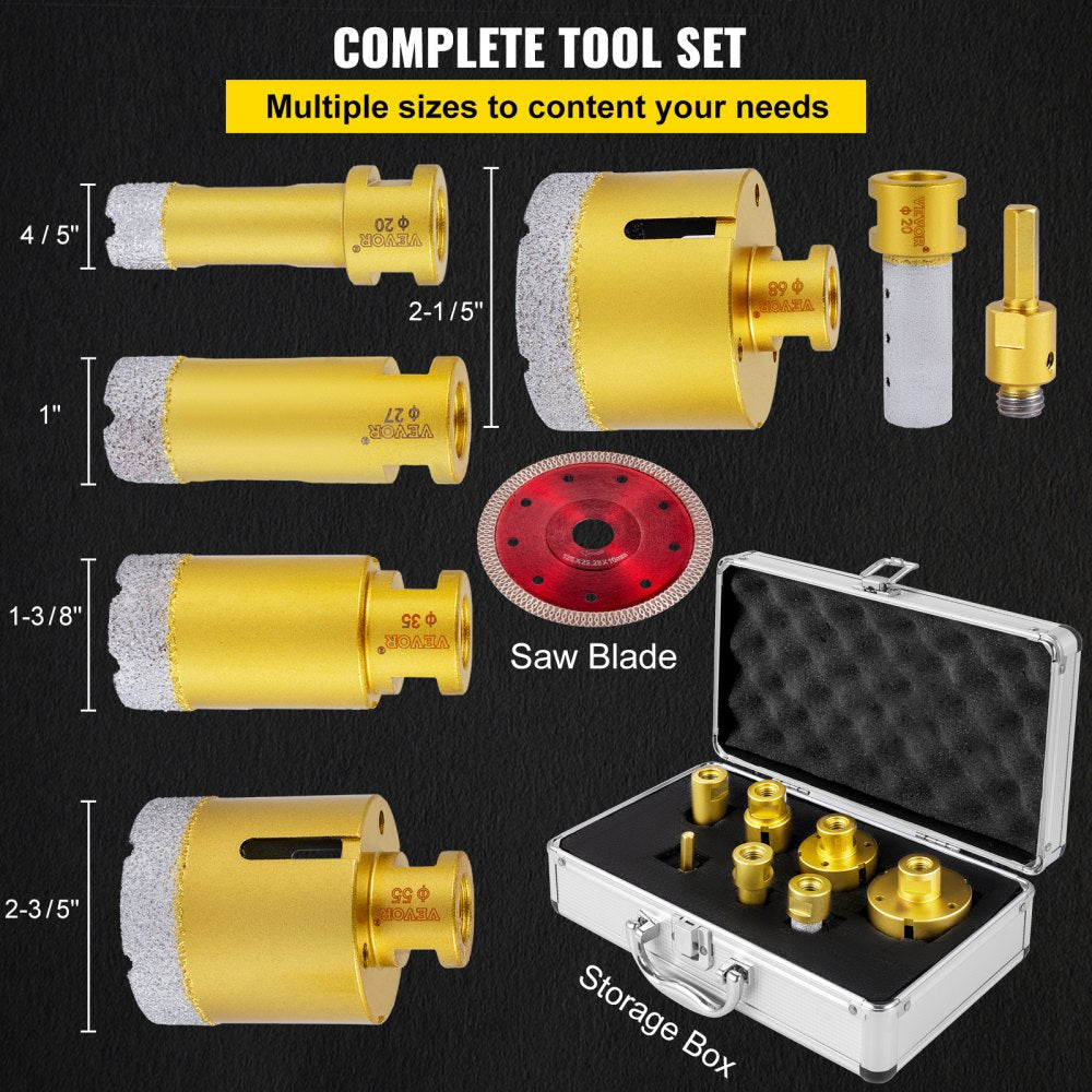 7-piece diamond hole saw kit with gold saws in sizes 20-68mm, red blade, and storage case.