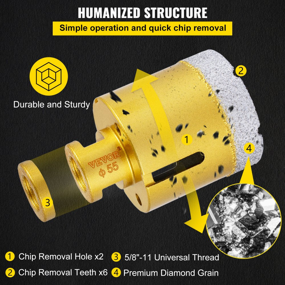 7-piece diamond hole saw kit with sizes 20-68mm, showing gold body, diamond teeth, chip holes, and universal thread.