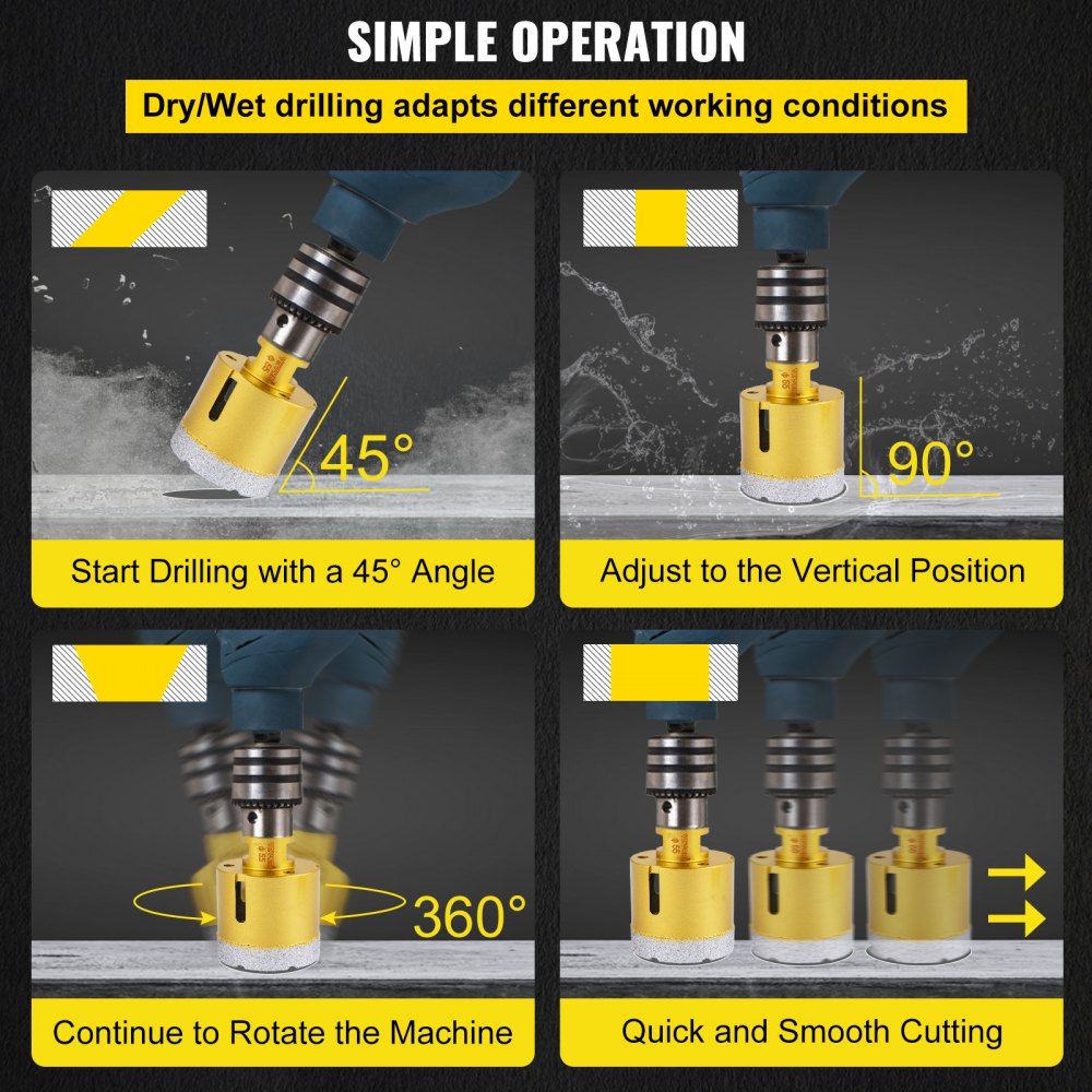 Four-panel diagram showing Bostome diamond hole saw kit in dry/wet drilling, 45-degree start, vertical adjustment, and 360-degree rotation for smooth cuts.