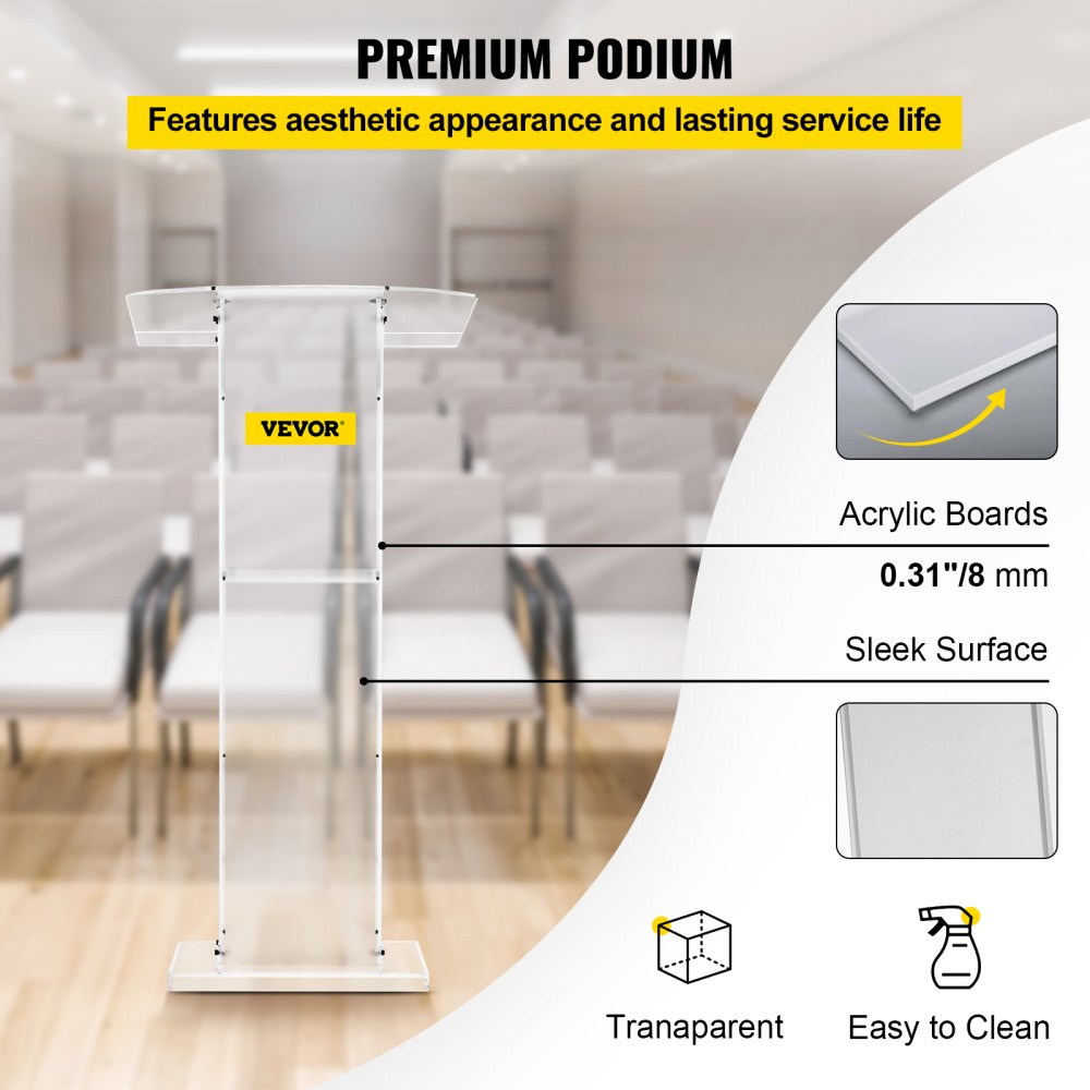 Acrylic Podium 45" Tall Plexiglass Podium 26.8"x15" Table Acrylic Pulpits for Churches with 8 mm Thick Acrylic Board Acrylic Podiums and Lecterns Design for Lecture Recital Speech & Presentation