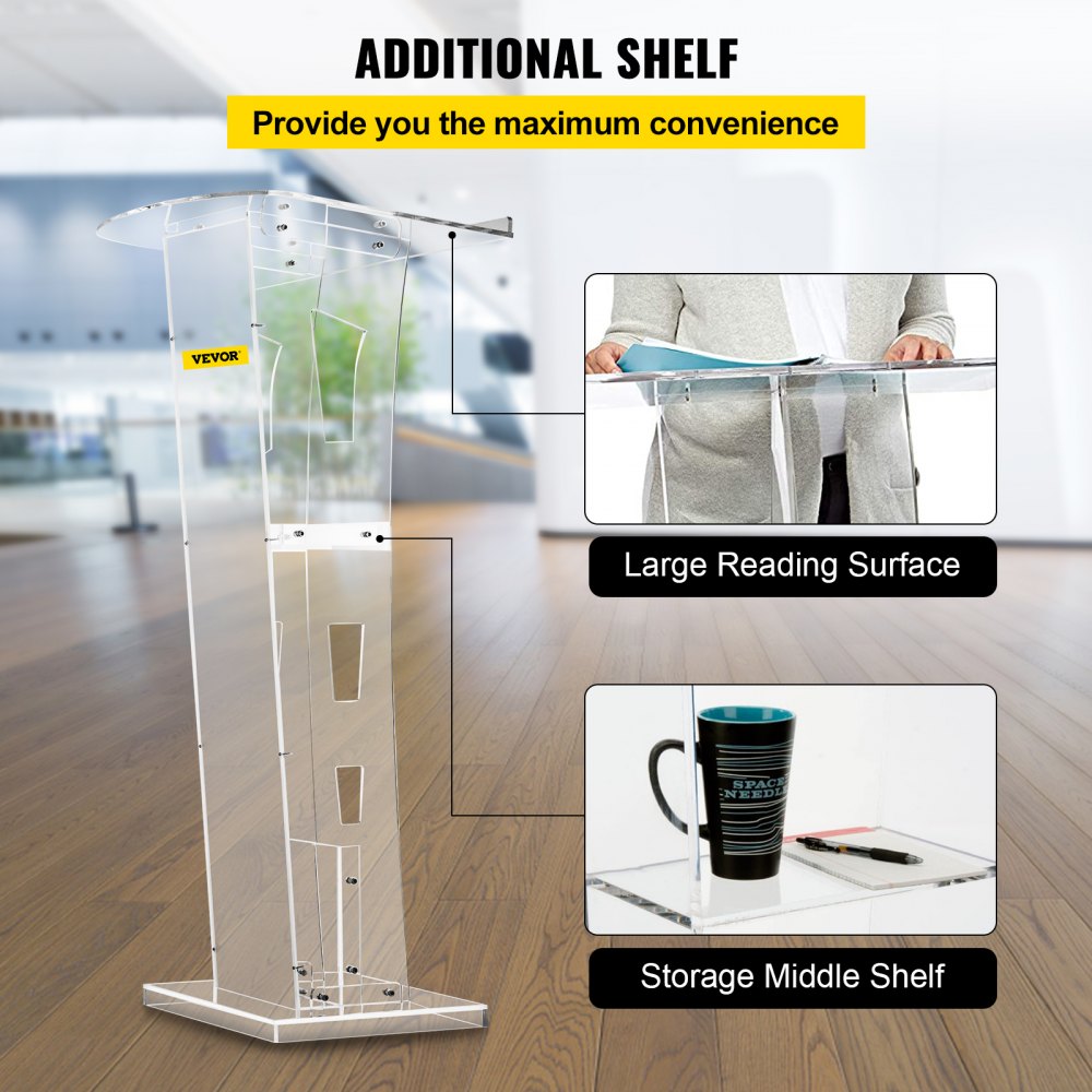 Acrylic Podium 45" Tall Plexiglass Podium 26.8"x15" Table Acrylic Pulpits for Churches with 8 mm Thick Acrylic Board Acrylic Podiums and Lecterns Design for Lecture Recital Speech & Presentation